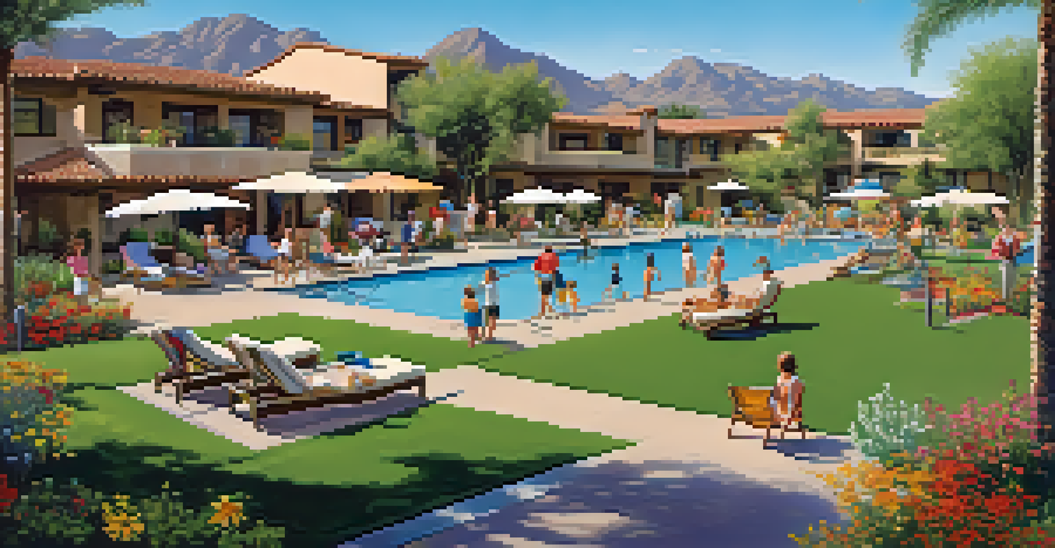 A family-friendly resort in Scottsdale with children playing, a large pool, and lush green lawns.