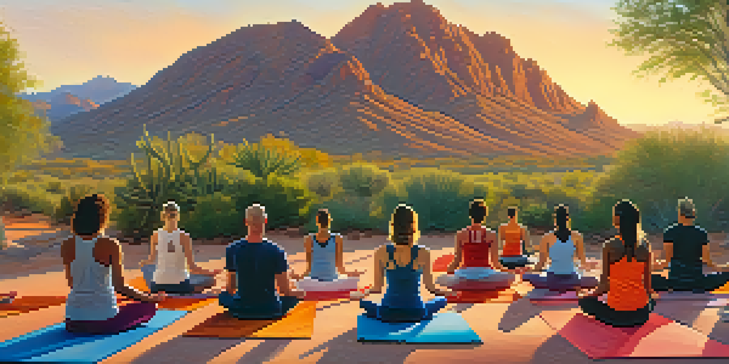 Participants practicing yoga at sunrise with Camelback Mountain in the background, surrounded by desert plants.