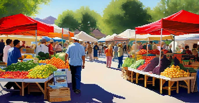 A bustling farmers' market in Scottsdale with colorful stalls of fresh produce, people interacting, and sunlight filtering through trees.