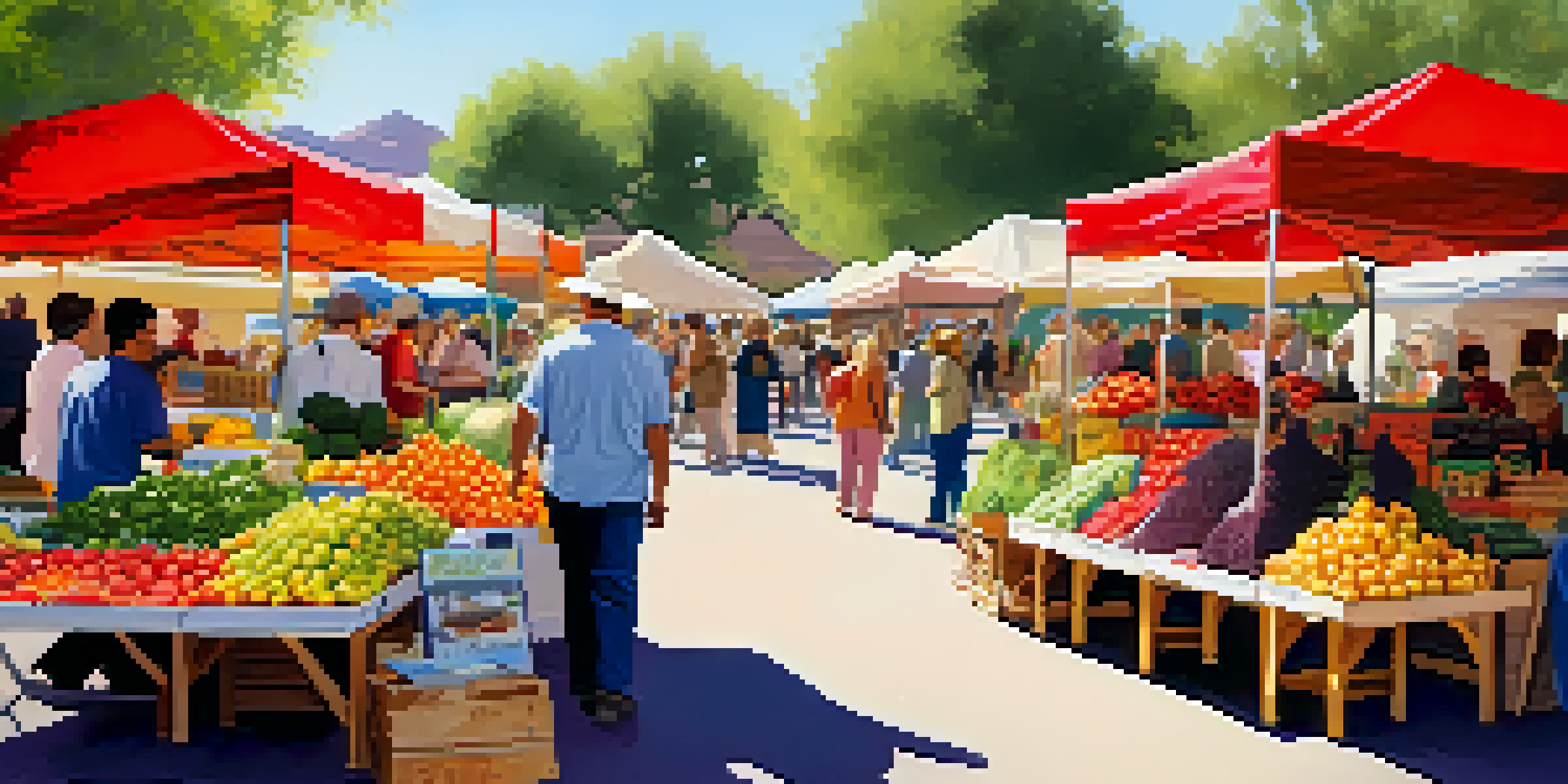 A bustling farmers' market in Scottsdale with colorful stalls of fresh produce, people interacting, and sunlight filtering through trees.