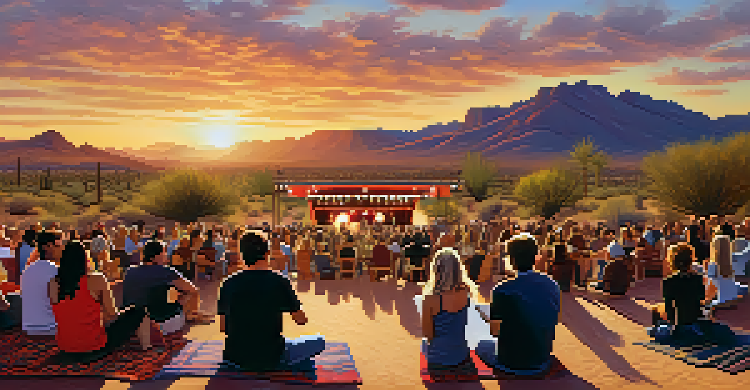 Musicians performing at a concert in the desert during sunset with attendees enjoying the show.