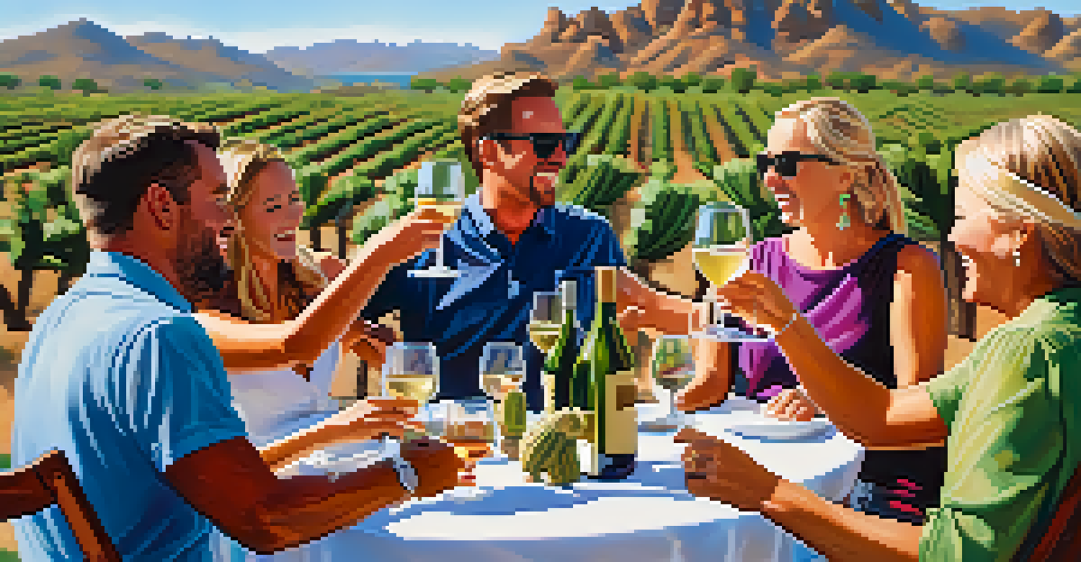 A lively outdoor wine tour in Scottsdale with a group of people toasting amidst vineyards.