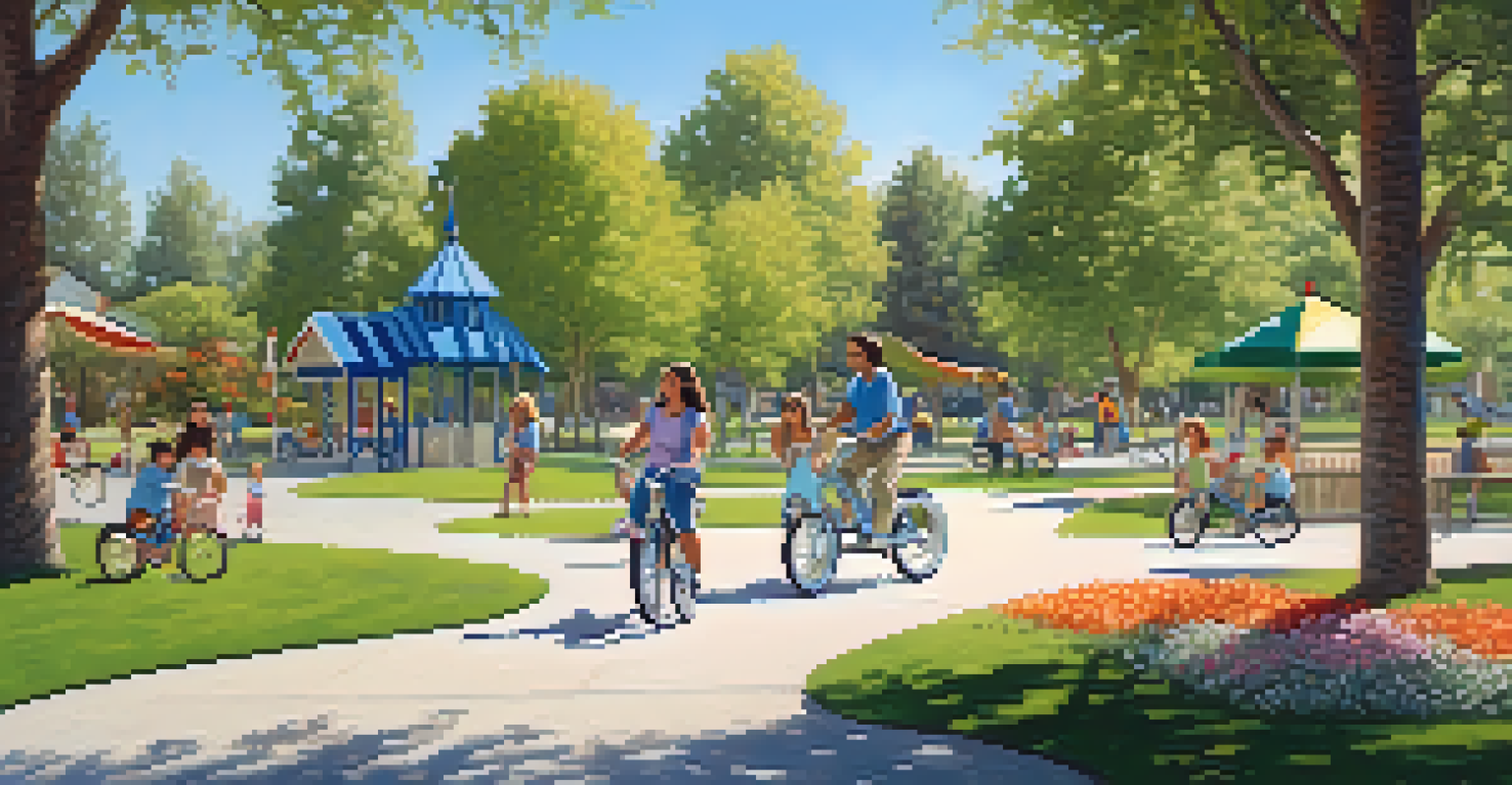 A family cycling together in a park, with children and parents surrounded by trees and playgrounds.