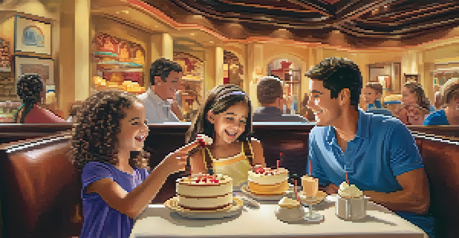 A family at The Cheesecake Factory, surrounded by a variety of colorful cheesecakes and a lively atmosphere, enjoying their meal together.