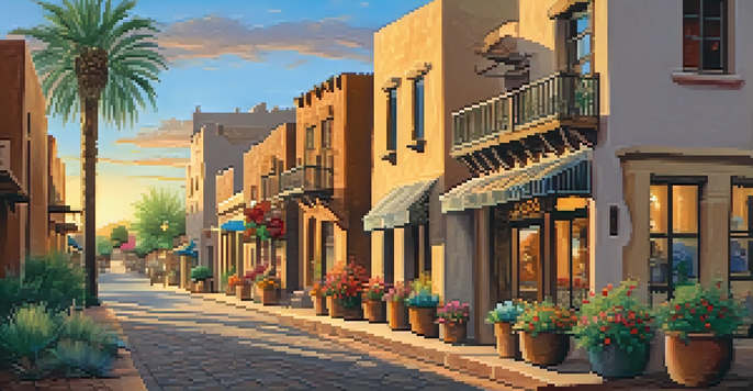 A scenic sunset view of Old Town Scottsdale, highlighting charming streets and vibrant flowers in window boxes.