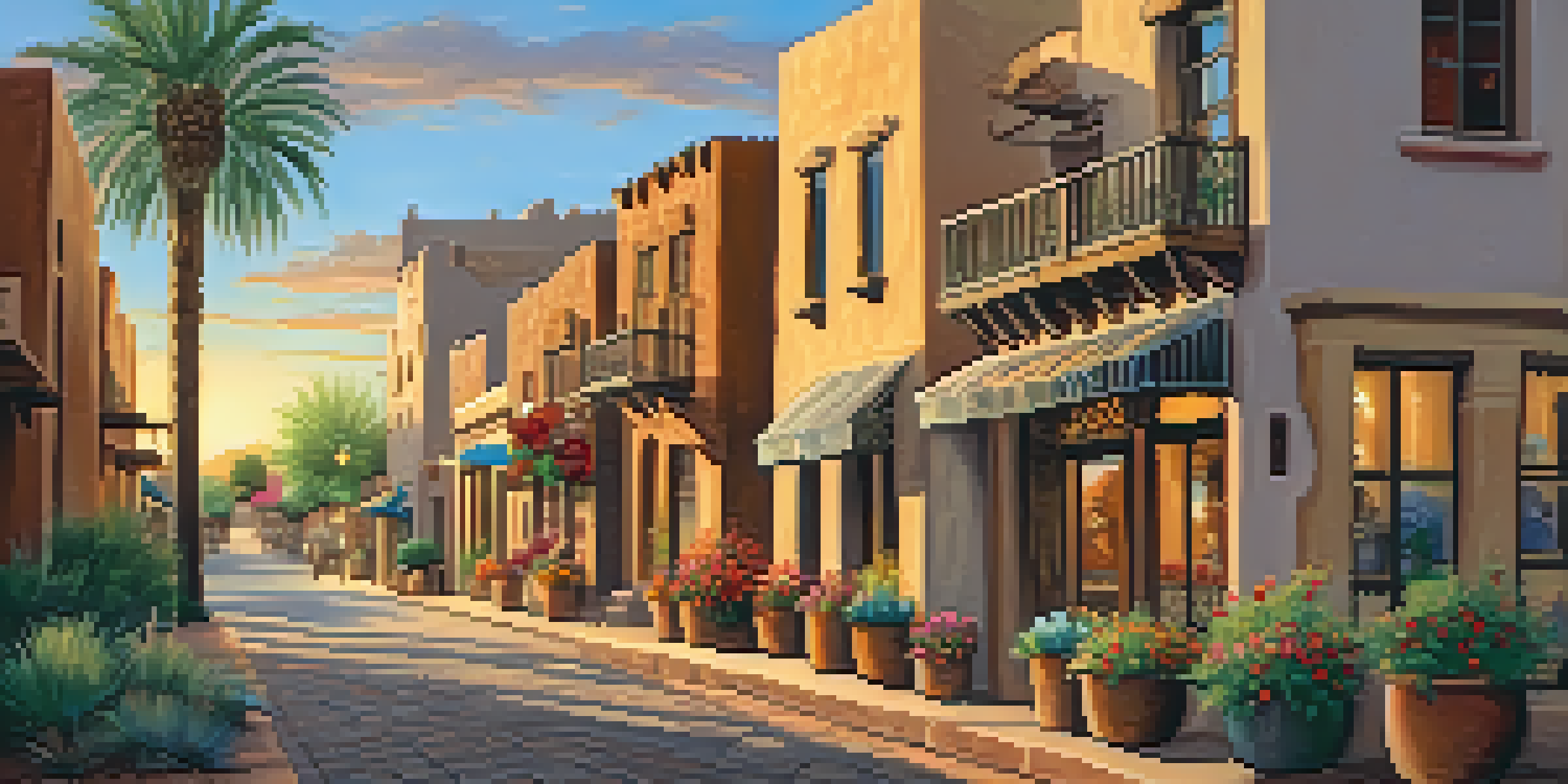 A scenic sunset view of Old Town Scottsdale, highlighting charming streets and vibrant flowers in window boxes.