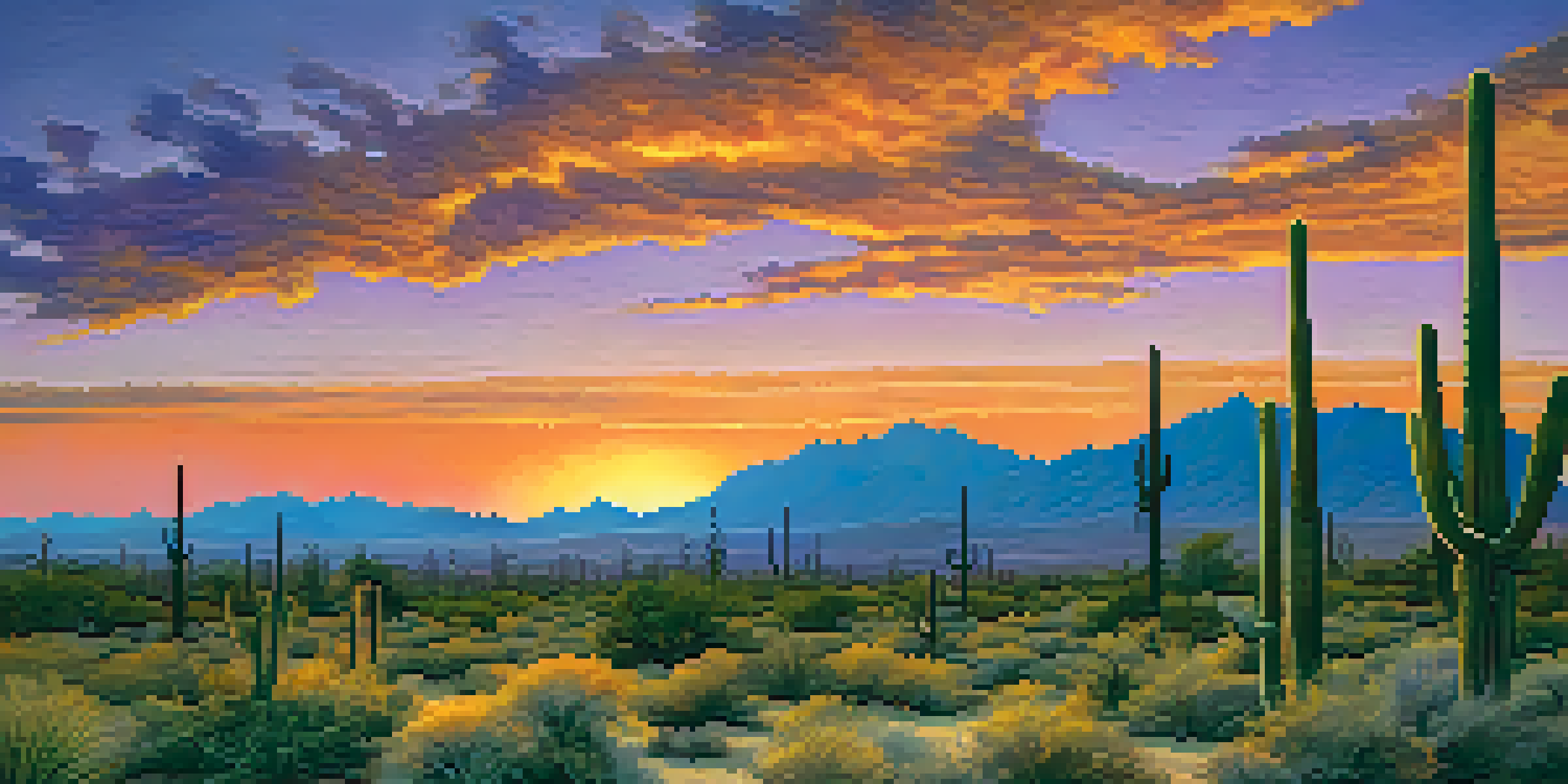 A sunset over the Sonoran Desert, with Saguaro cacti in silhouette and vibrant colors in the sky.