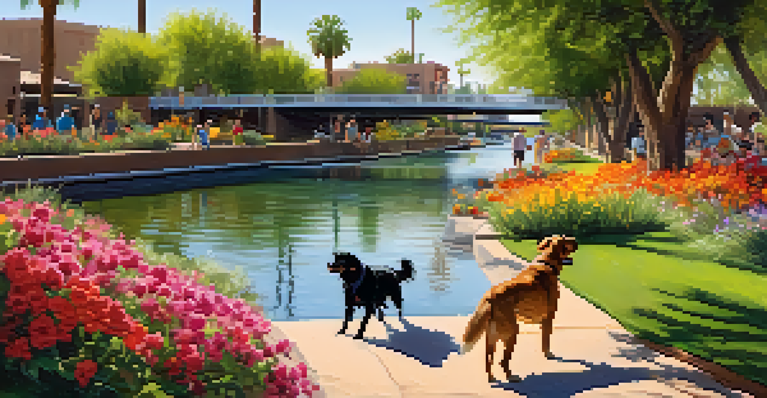 A lively image of a dog splashing in the Arizona Canal at Scottsdale Waterfront with flowers and other dog owners in the background.