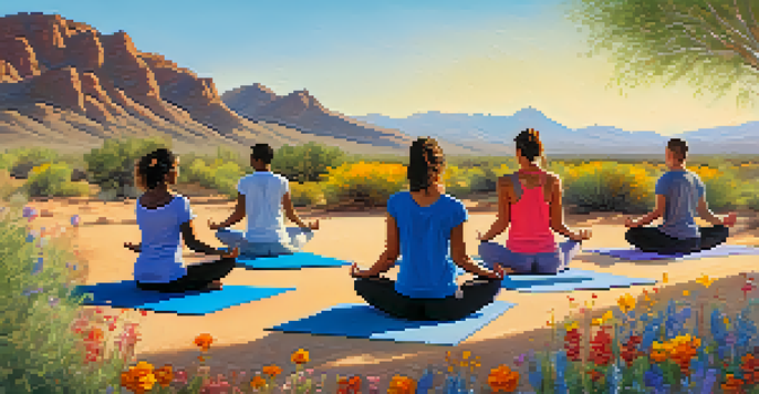 Diverse group practicing yoga on mats in a desert landscape with mountains and wildflowers.