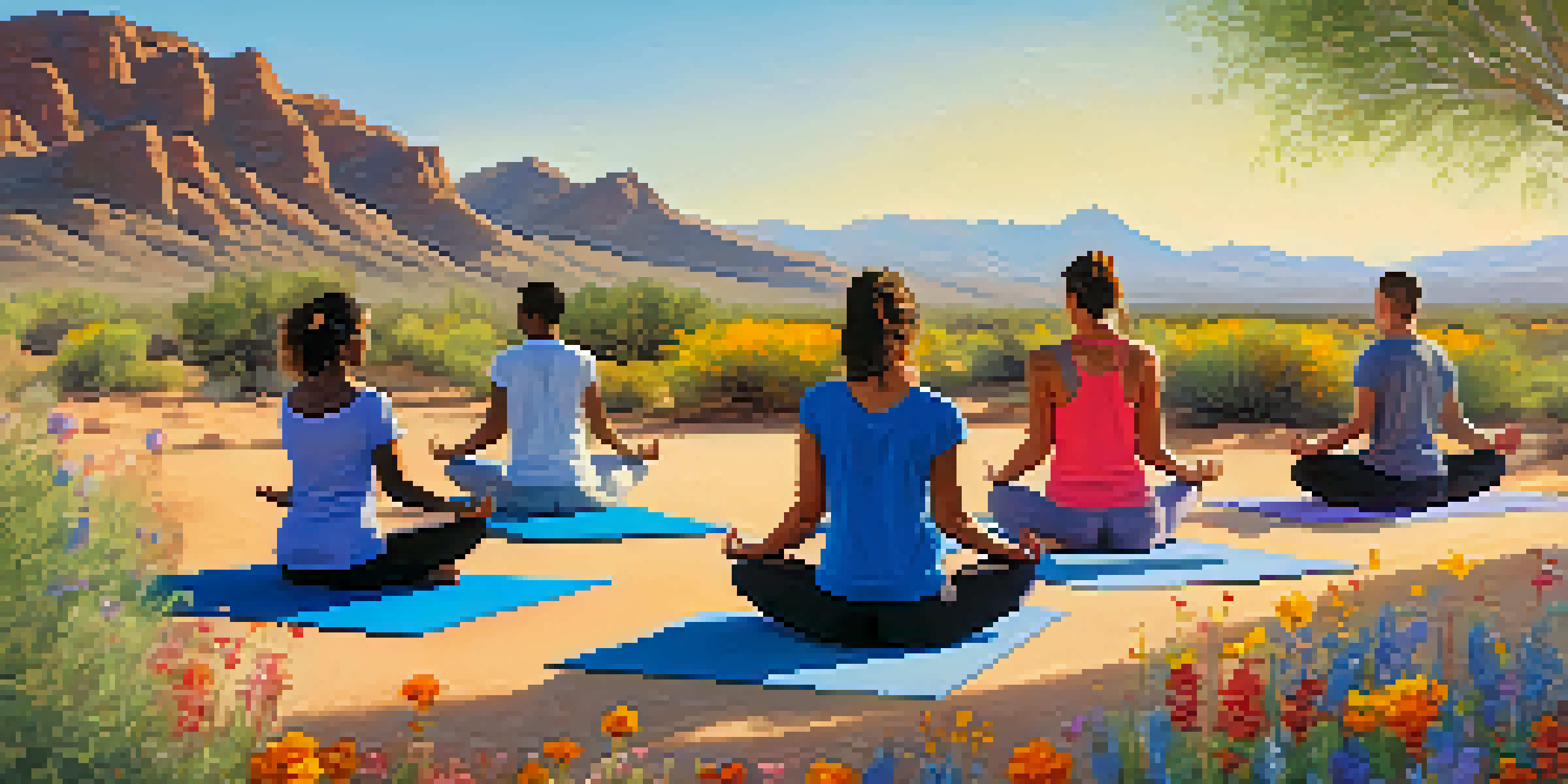 Diverse group practicing yoga on mats in a desert landscape with mountains and wildflowers.