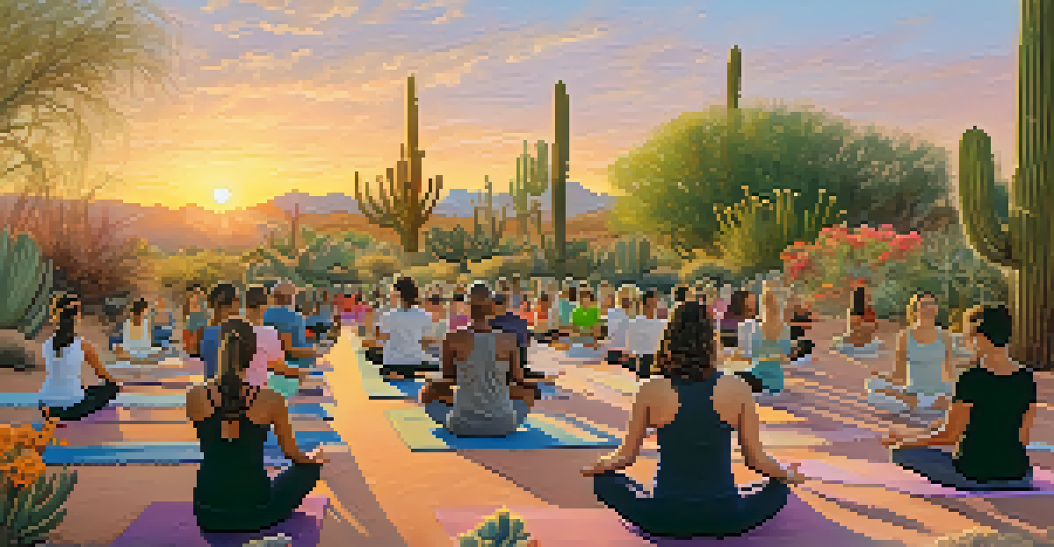 A group of diverse individuals practicing yoga in a botanical garden at sunset, surrounded by desert flora.