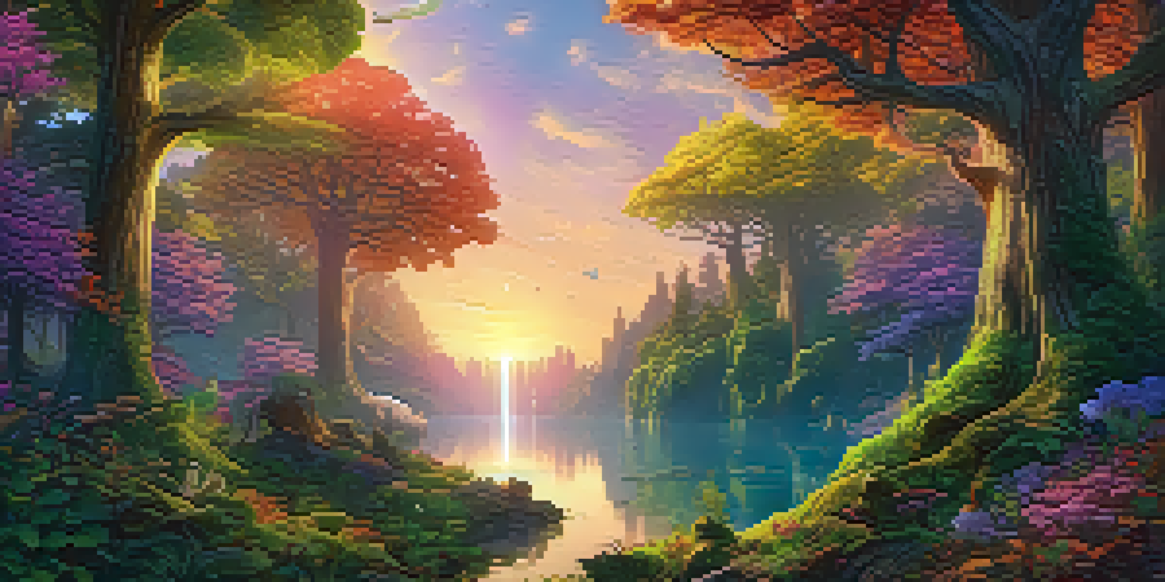 A colorful digital landscape with a lush forest filled with glowing plants and ethereal creatures under a golden sunset.