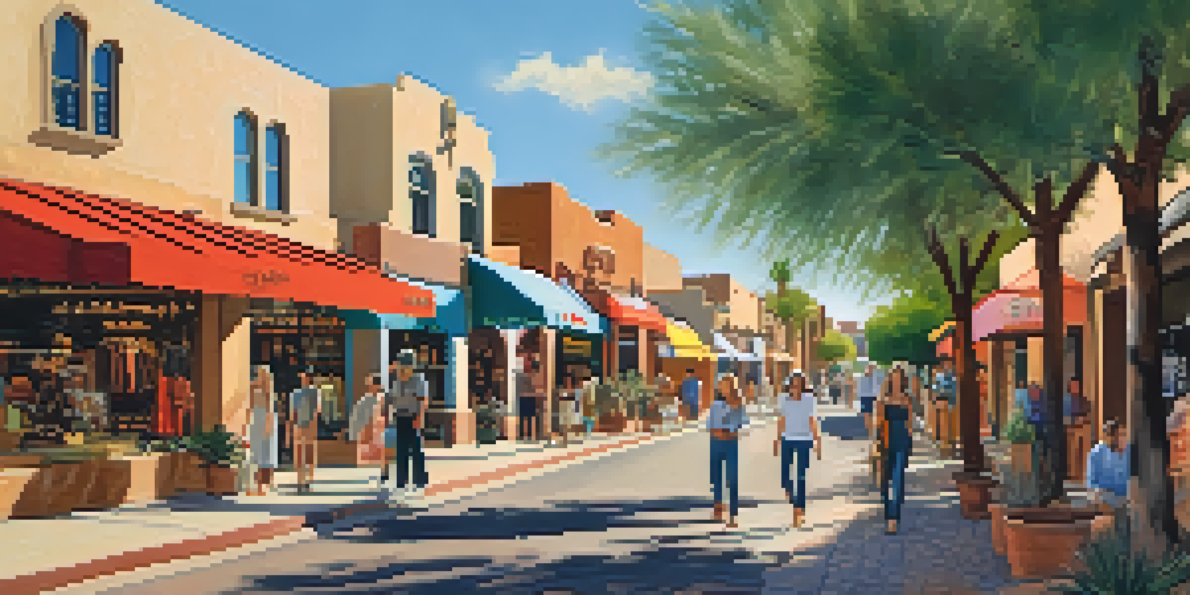 A lively shopping scene in Old Town Scottsdale with colorful boutique storefronts and shoppers enjoying the day.