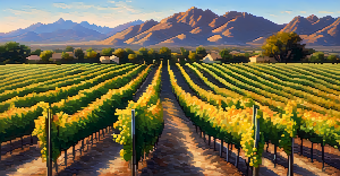 A scenic view of a vineyard in Scottsdale, Arizona with grapevines and mountains in the background during sunset.