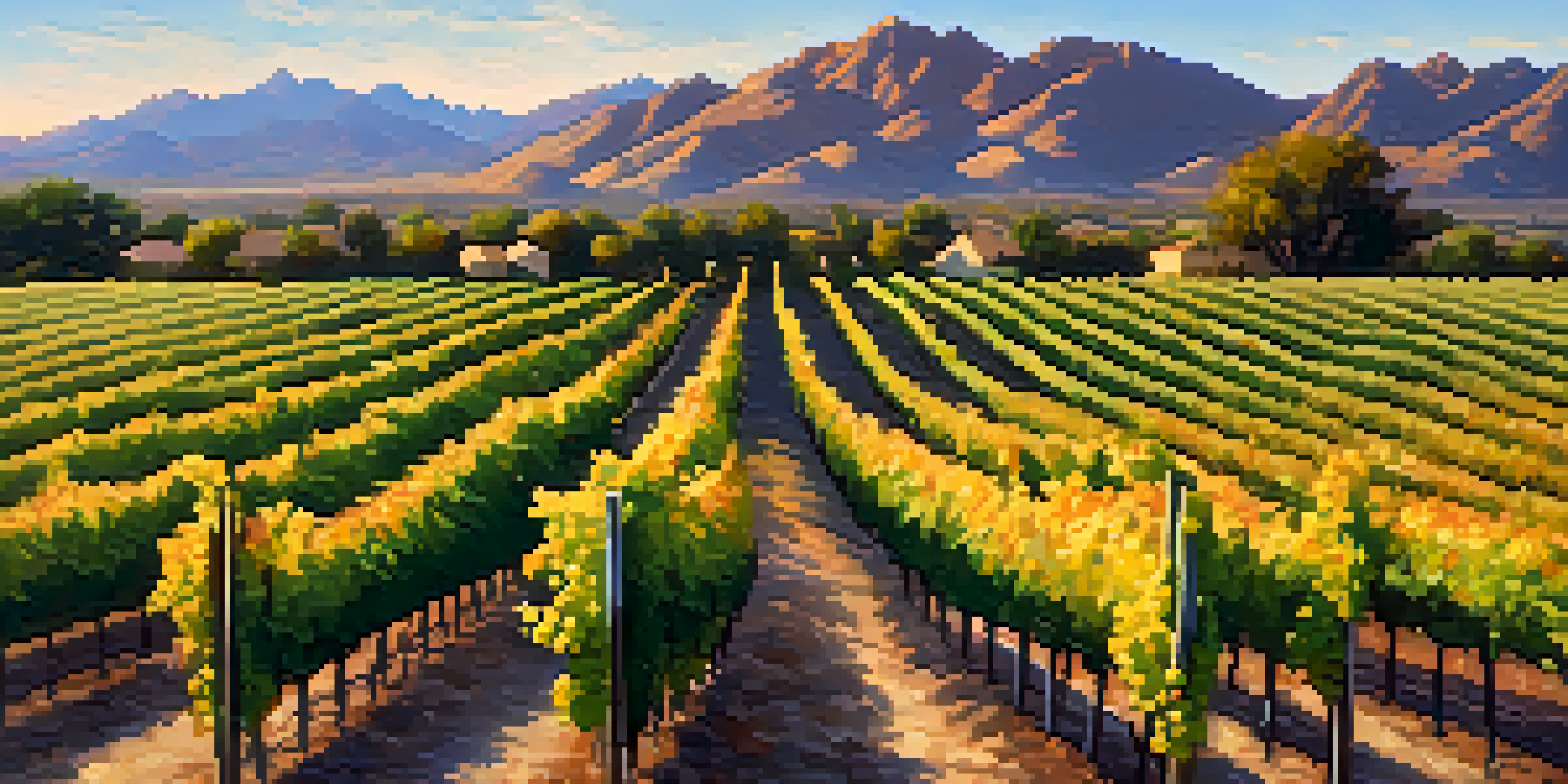 A scenic view of a vineyard in Scottsdale, Arizona with grapevines and mountains in the background during sunset.