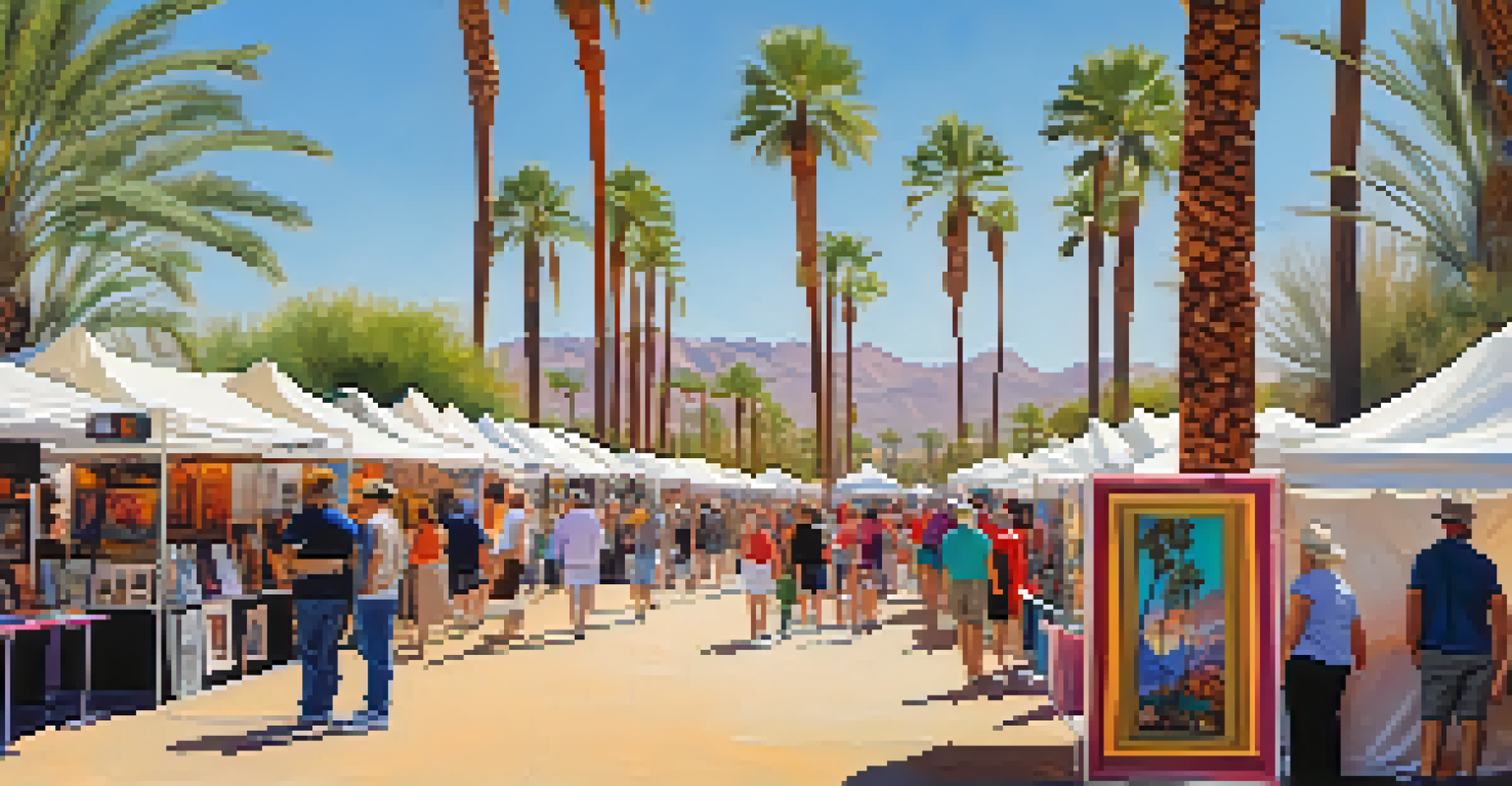 A lively arts festival scene in Scottsdale with artists displaying their work and visitors interacting, surrounded by palm trees and a sunny sky.