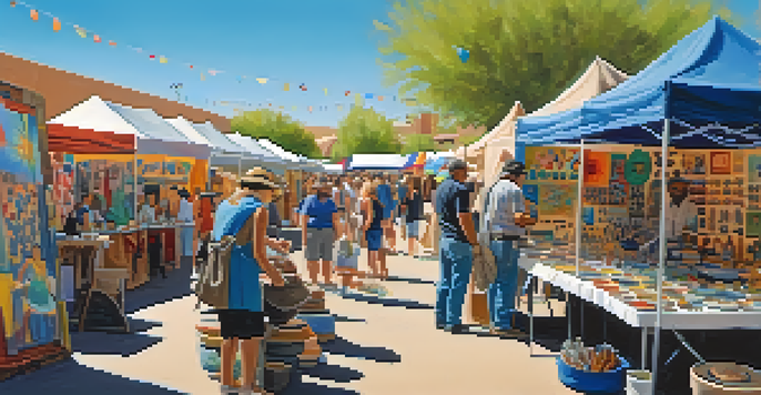 A lively arts festival with artists showcasing their work, ceramic artist at the forefront, colorful paintings in the background, and visitors enjoying the atmosphere under a blue sky.