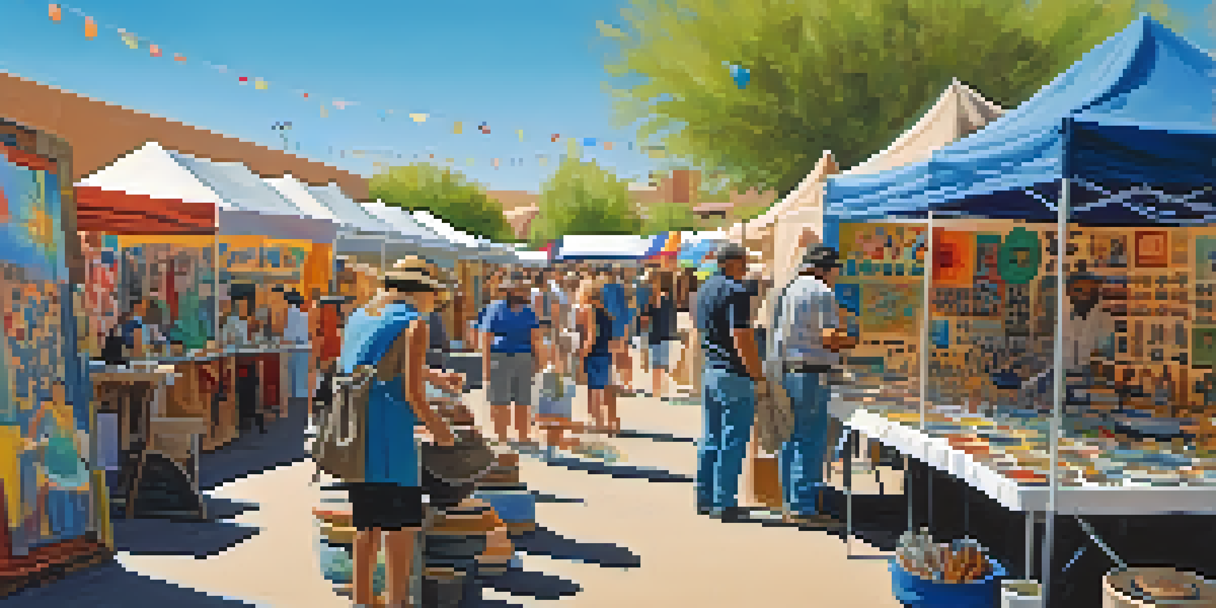 A lively arts festival with artists showcasing their work, ceramic artist at the forefront, colorful paintings in the background, and visitors enjoying the atmosphere under a blue sky.