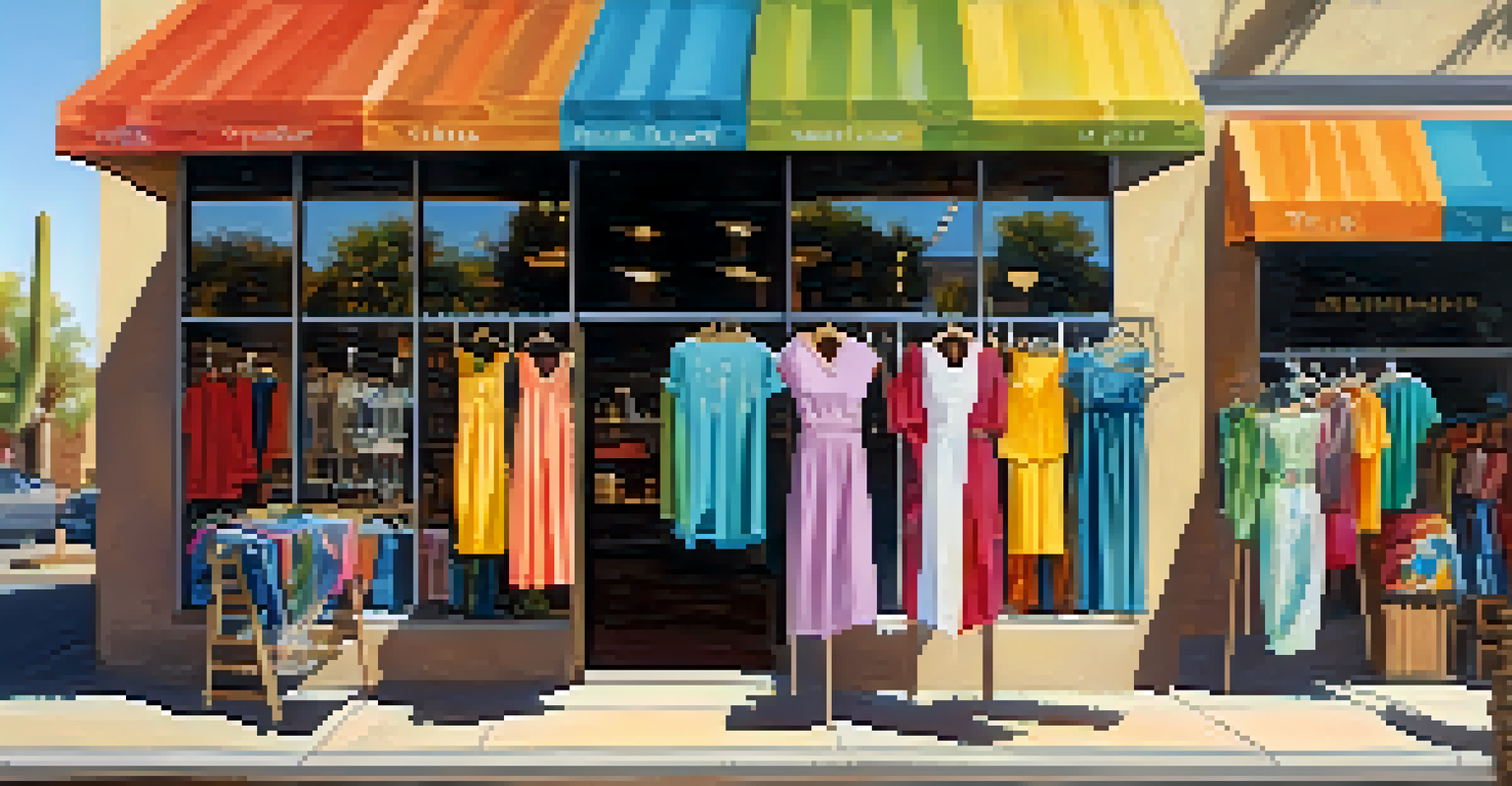 Outdoor view of a clothing boutique in Scottsdale with colorful clothing displayed and shoppers browsing.