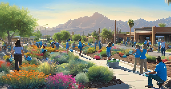 Volunteers participating in a community restoration project, planting native plants with a bright blue sky in the background.