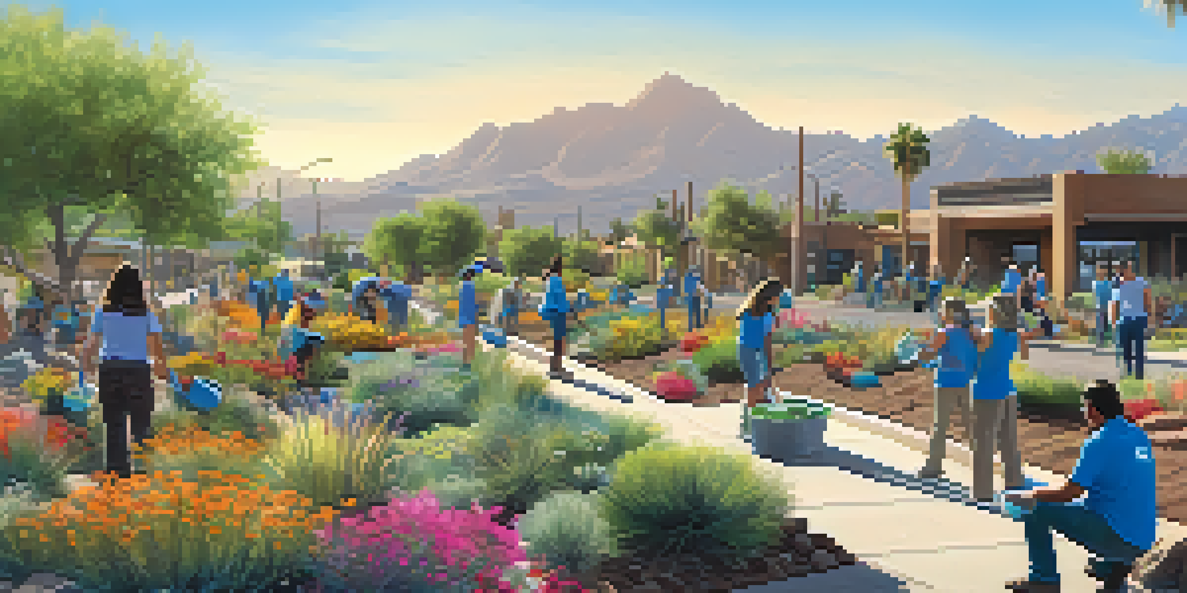 Volunteers participating in a community restoration project, planting native plants with a bright blue sky in the background.