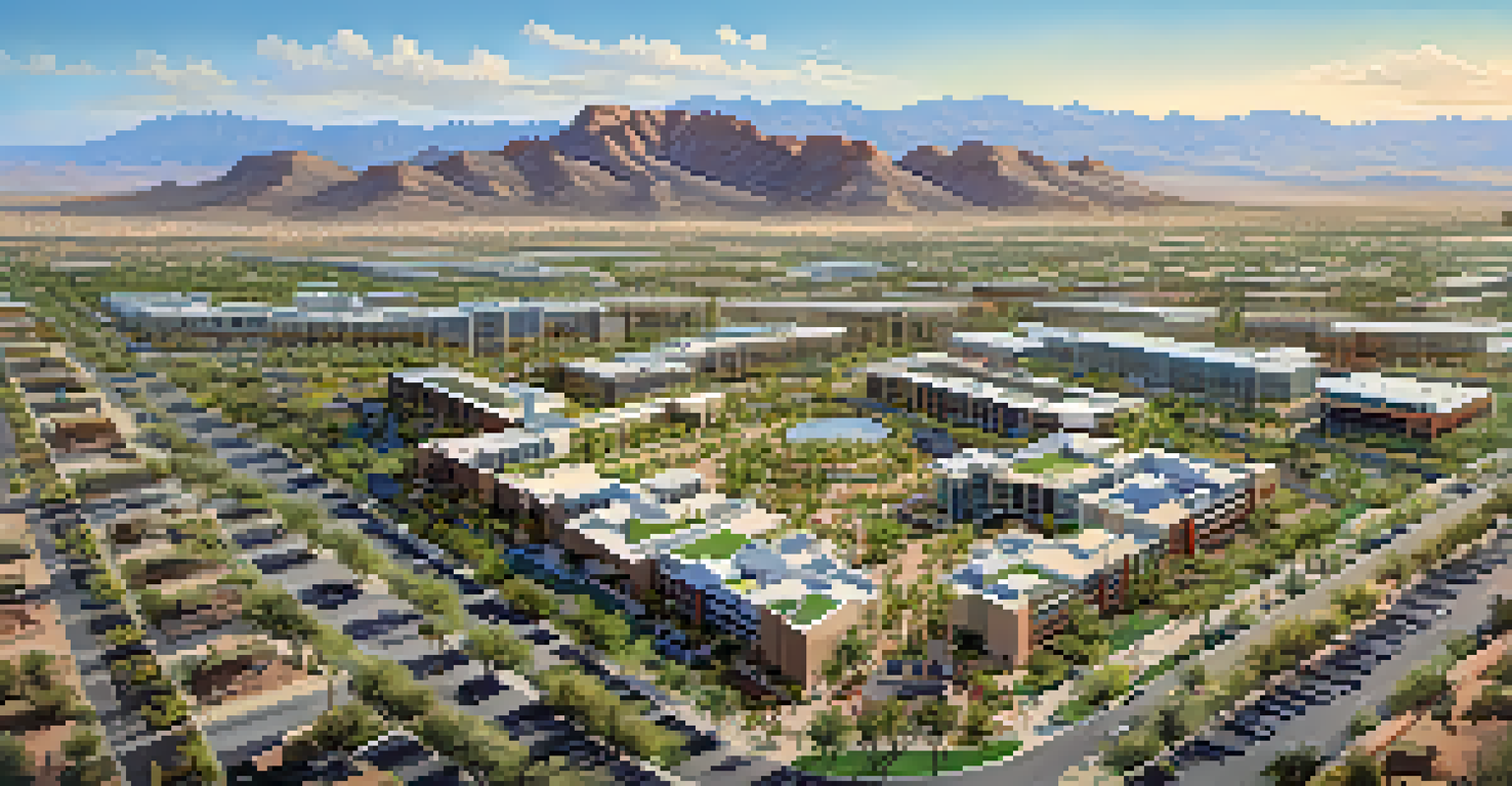 An aerial view of Scottsdale highlighting urban planning features such as walkways, parks, and modern buildings with desert mountains in the background.