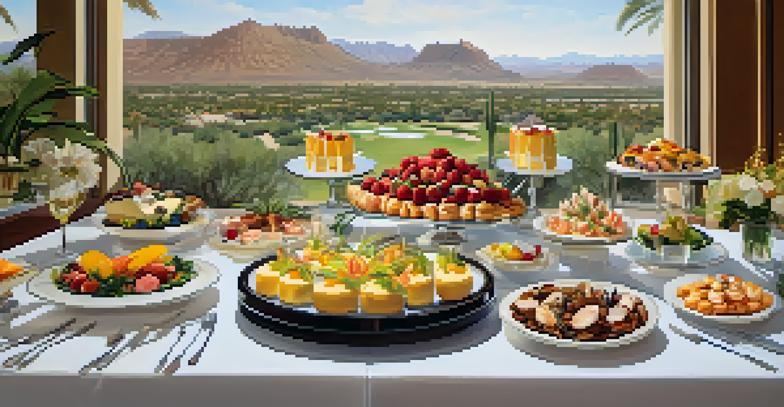 An upscale brunch buffet at The Phoenician with various luxurious dishes and a beautiful desert view.