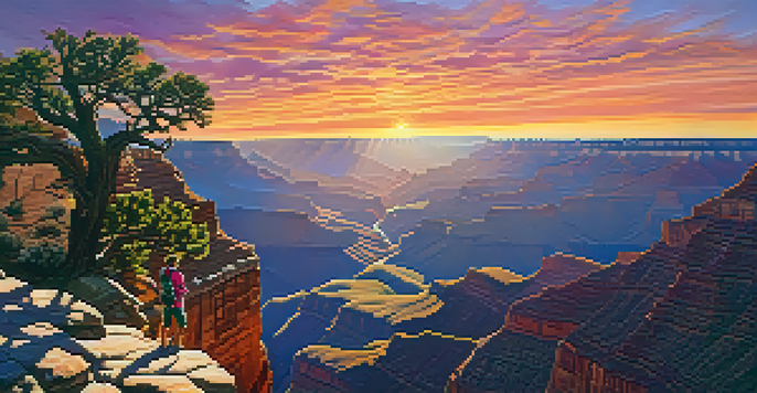 A hiker capturing a beautiful sunrise at the Grand Canyon, with vibrant colors illuminating the rocky landscape.