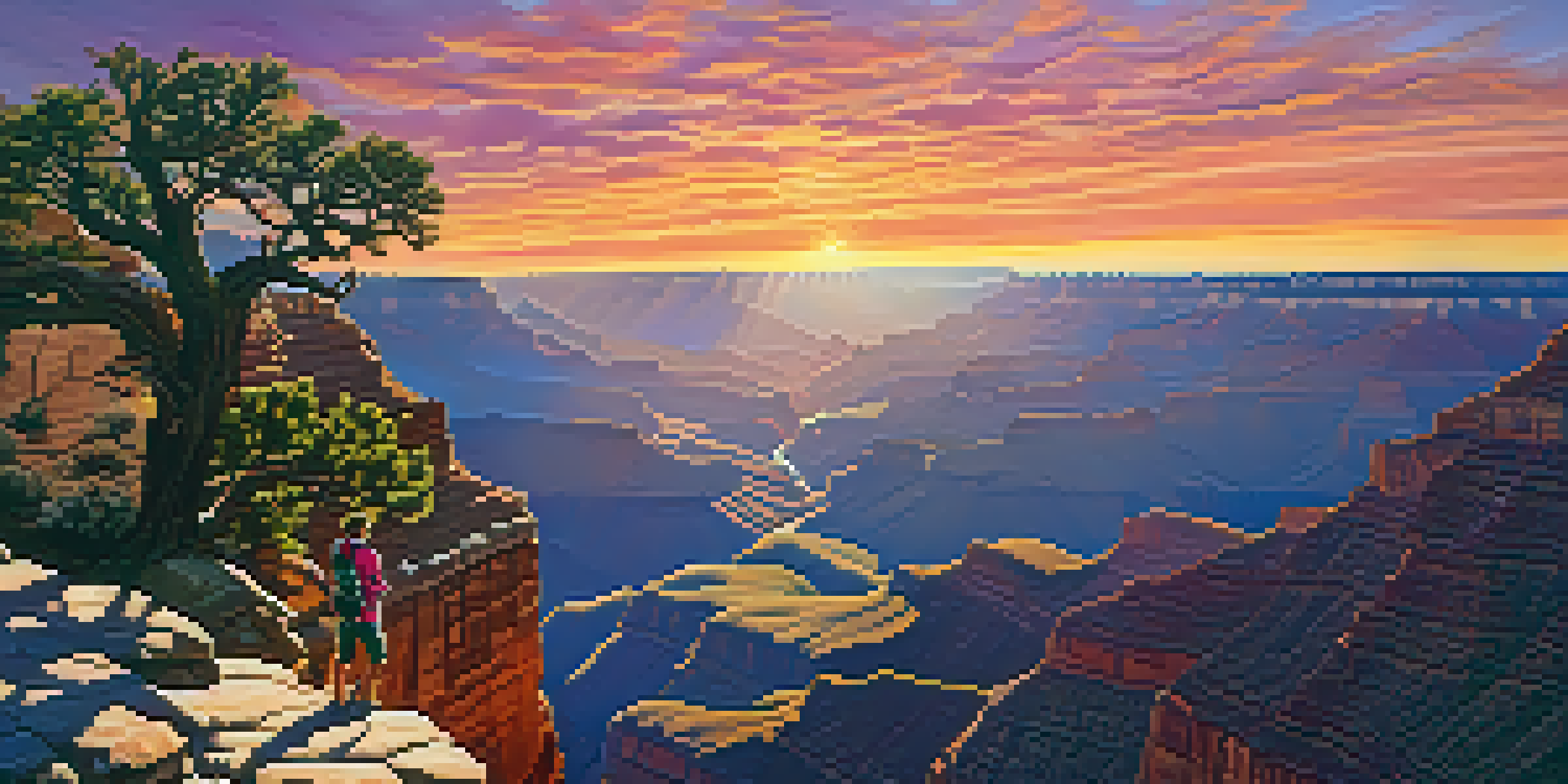 A hiker capturing a beautiful sunrise at the Grand Canyon, with vibrant colors illuminating the rocky landscape.
