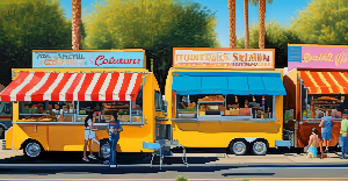 A vibrant street food scene with food trucks, diverse people enjoying various dishes, and a sunny atmosphere.