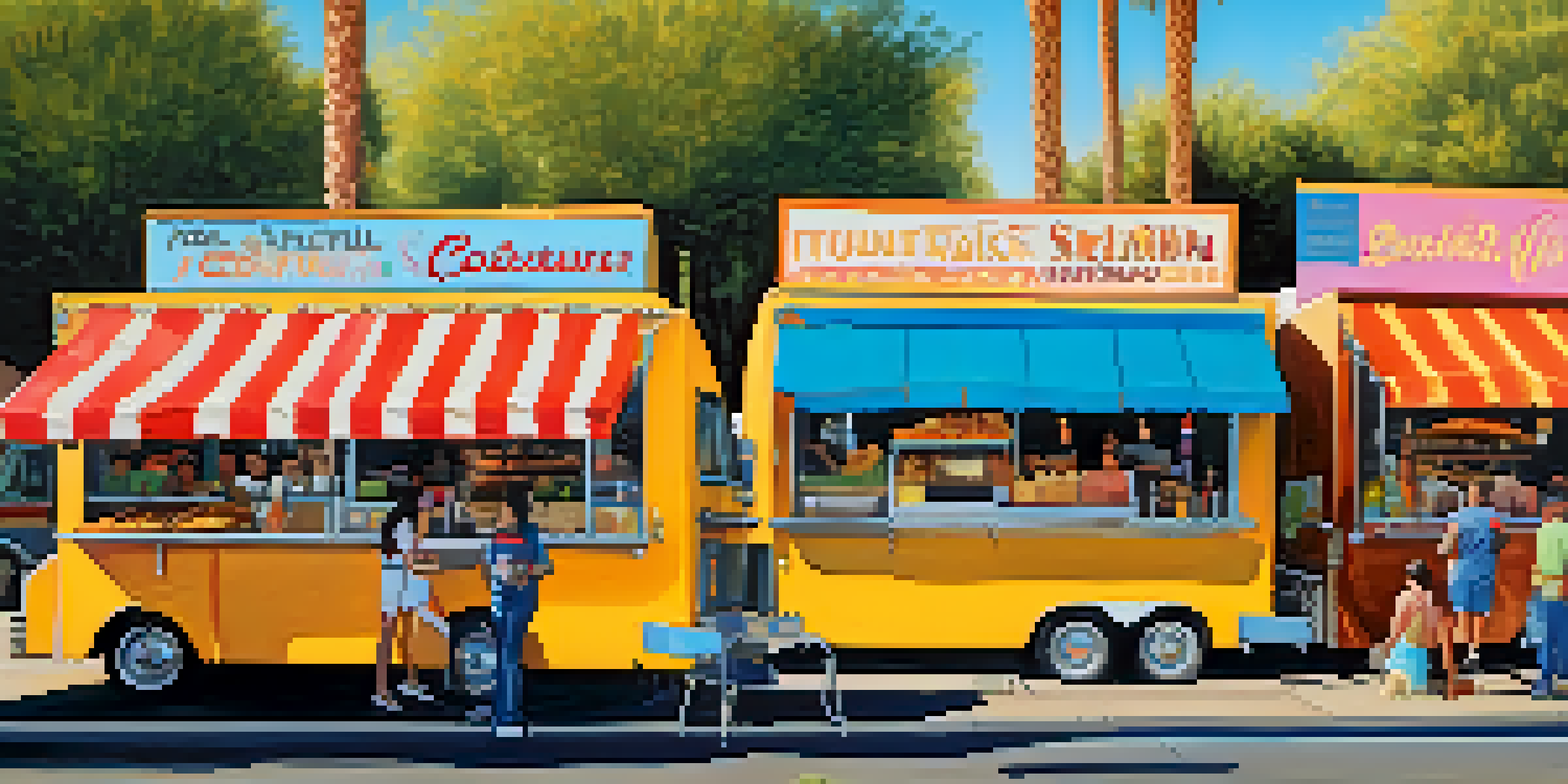 A vibrant street food scene with food trucks, diverse people enjoying various dishes, and a sunny atmosphere.