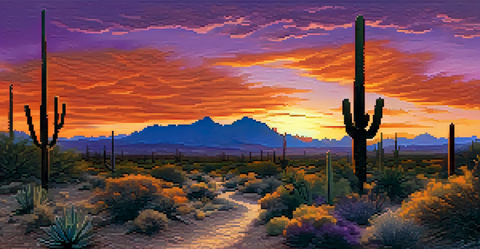 A sunset view featuring silhouetted saguaro cacti and a winding hiking trail in the McDowell Sonoran Preserve with vibrant colors in the sky.