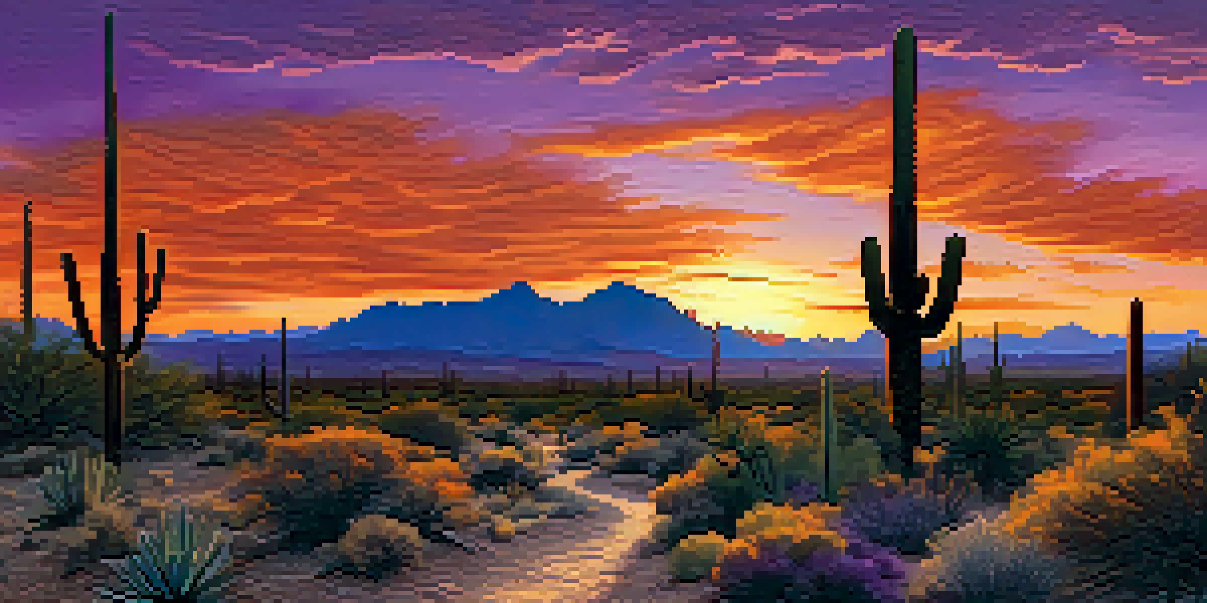 A sunset view featuring silhouetted saguaro cacti and a winding hiking trail in the McDowell Sonoran Preserve with vibrant colors in the sky.