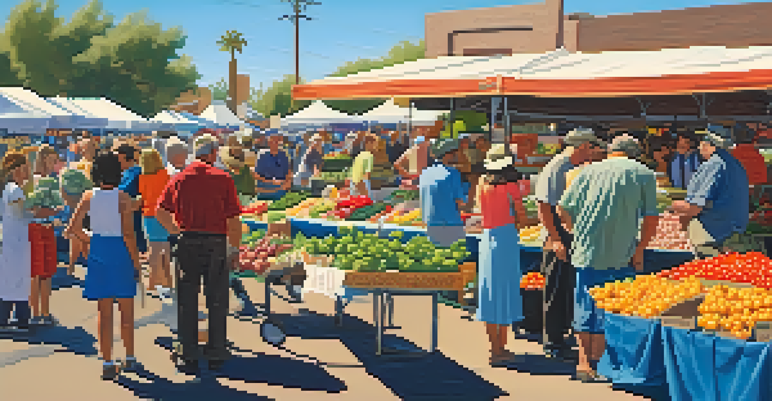 A lively farmers' market scene with stalls filled with fresh produce and local goods, showcasing colorful fruits and flowers under a clear sky.