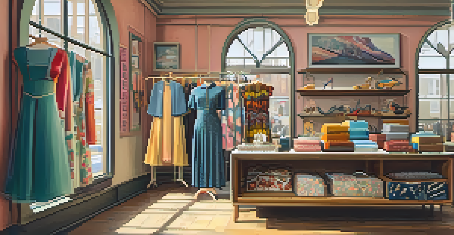 A vibrant retro-themed pop-up shop featuring vintage clothing and eclectic decor.