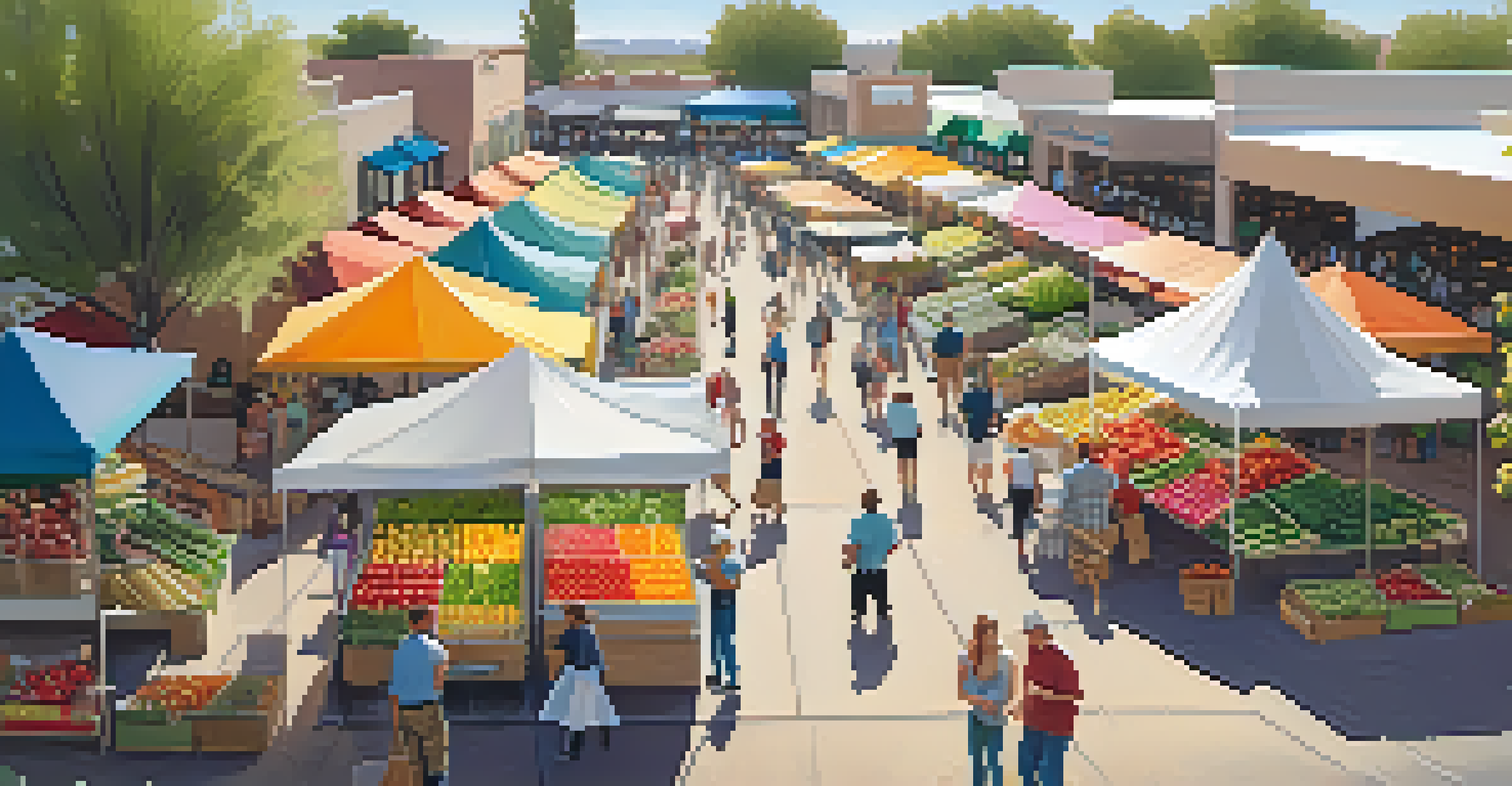 A lively farmers' market in Scottsdale with colorful produce stalls, people shopping, and a sunny atmosphere.