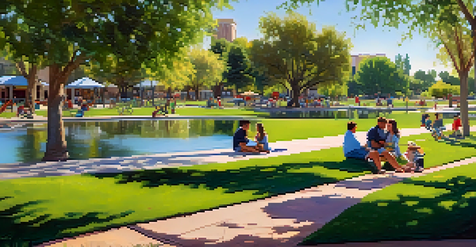 Families having a picnic on lush green lawns at Scottsdale Waterfront Park, with children playing and the Arizona Canal in the background.