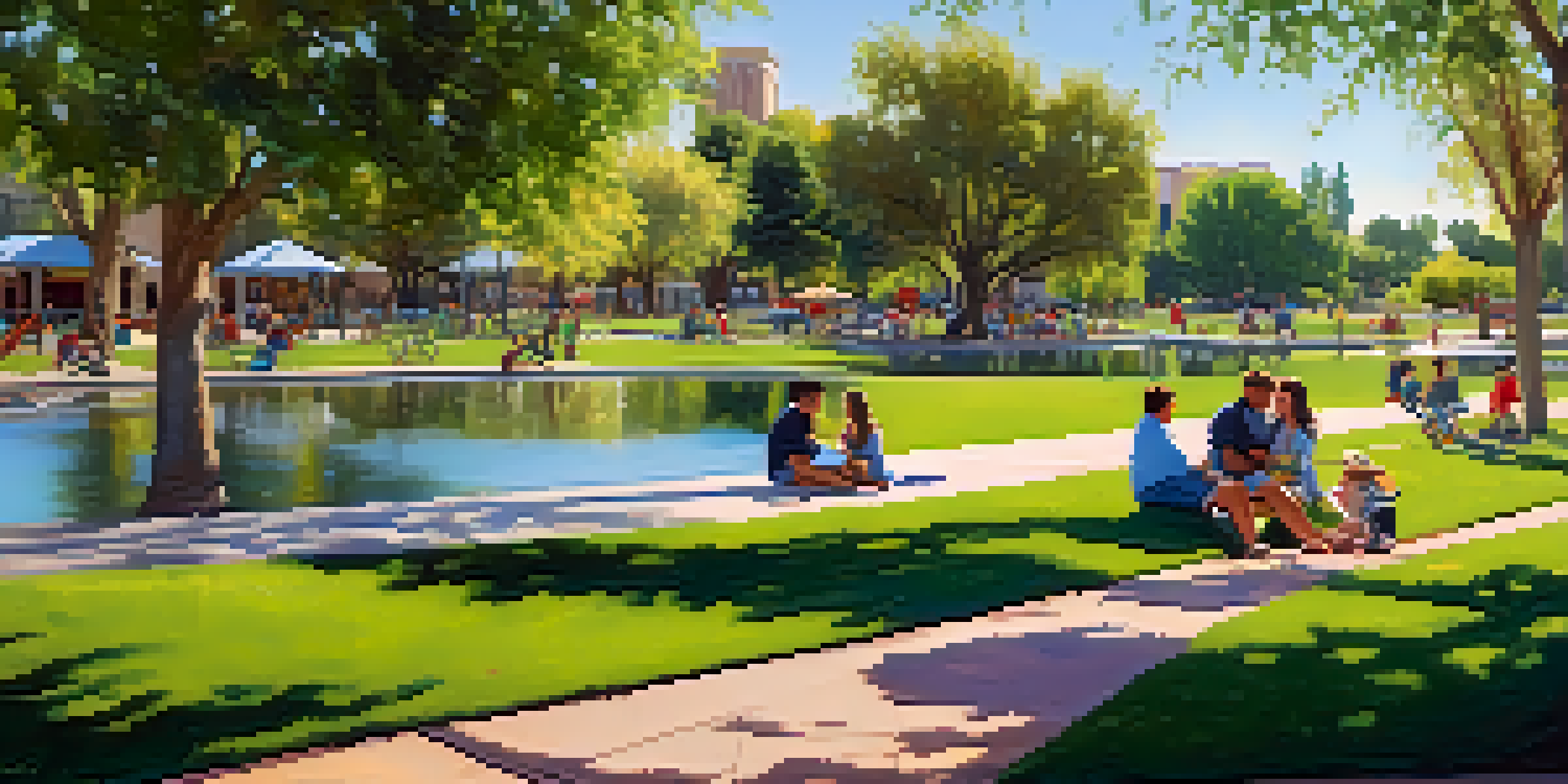 Families having a picnic on lush green lawns at Scottsdale Waterfront Park, with children playing and the Arizona Canal in the background.