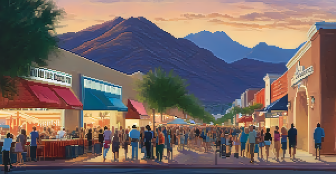 A lively scene of festival-goers enjoying the Scottsdale International Film Festival outside the Harkins Theatre during sunset, with colorful banners and desert mountains in the background.
