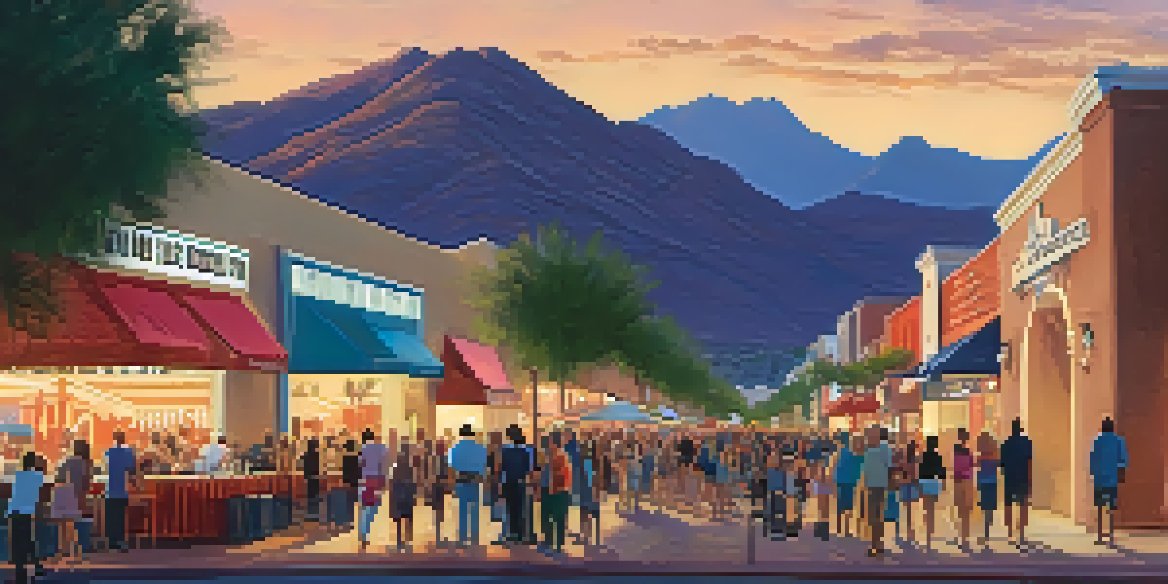 A lively scene of festival-goers enjoying the Scottsdale International Film Festival outside the Harkins Theatre during sunset, with colorful banners and desert mountains in the background.