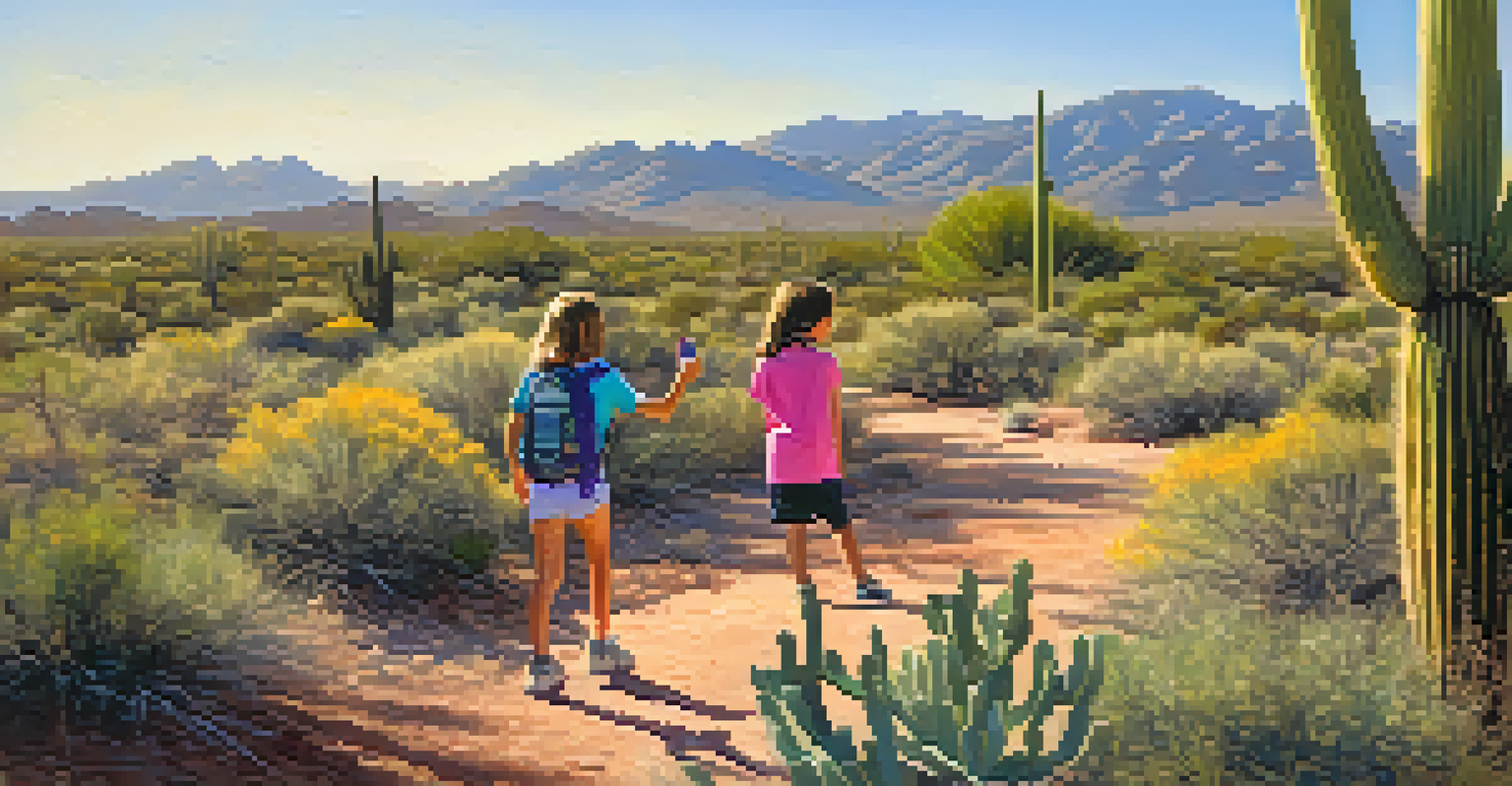 Children learning about nature at an interpretive sign in a desert preserve.