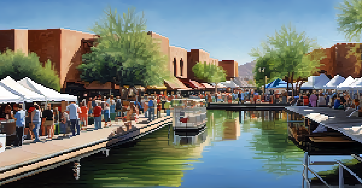 A scenic view of the Scottsdale Waterfront Art and Craft Festival along the Arizona Canal with artisans and live music.