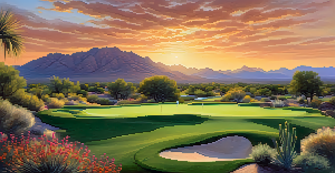 A picturesque Scottsdale golf course with well-kept greens and desert plants, illuminated by a golden sunset.