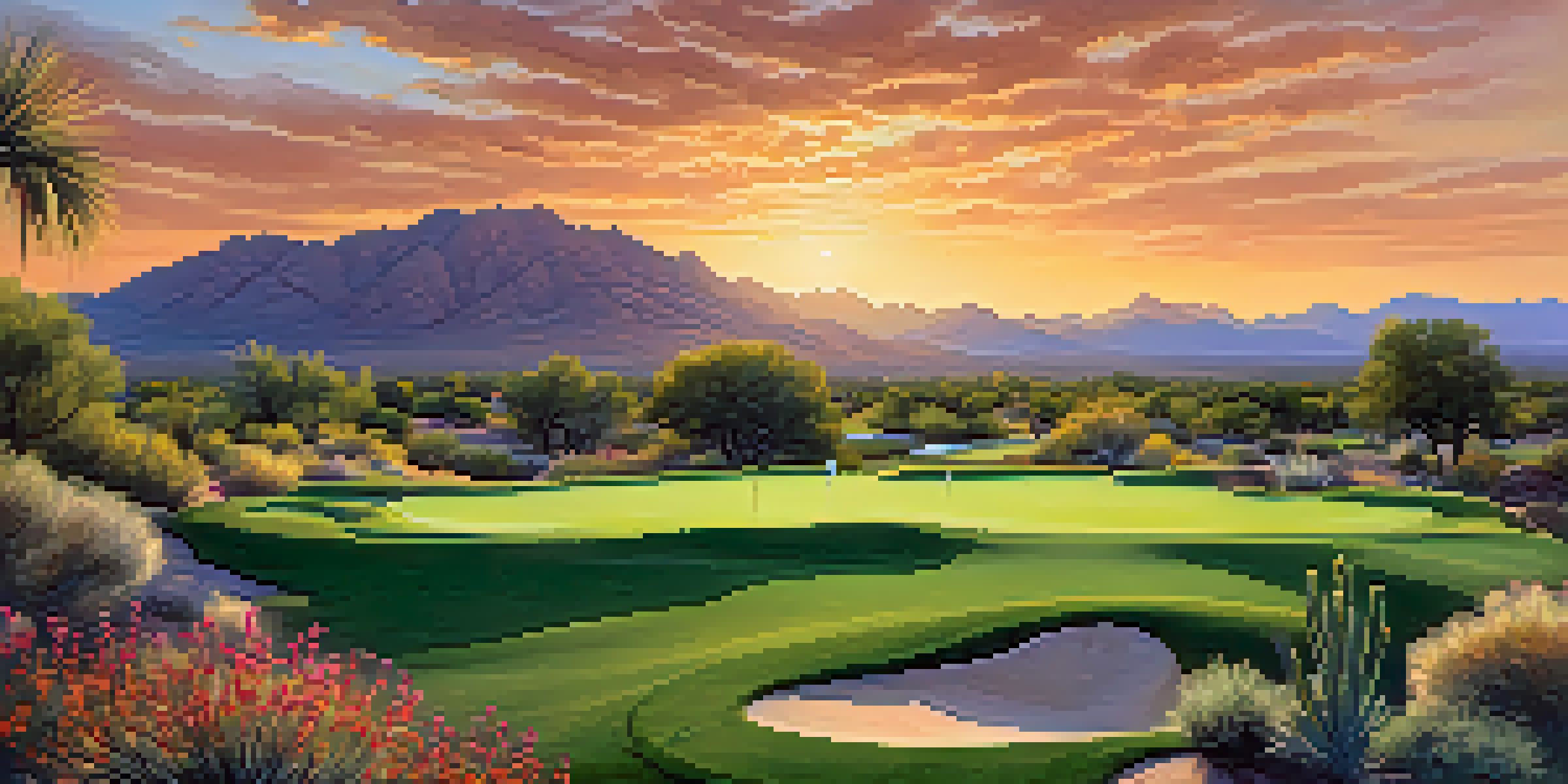 A picturesque Scottsdale golf course with well-kept greens and desert plants, illuminated by a golden sunset.