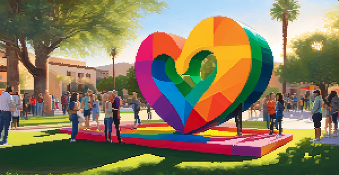 A colorful heart sculpture in a park with people interacting and taking photos during sunset.