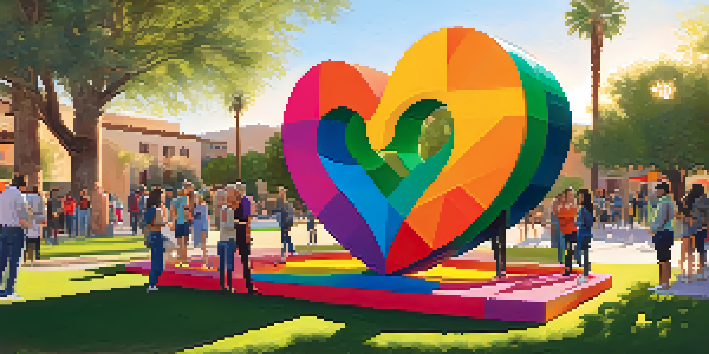 A colorful heart sculpture in a park with people interacting and taking photos during sunset.
