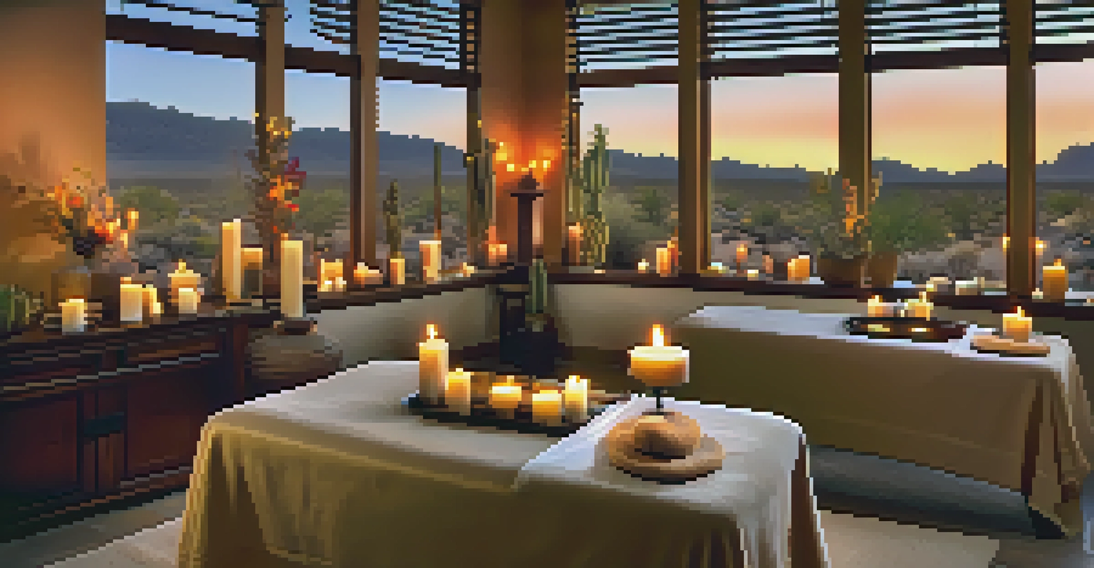 A calming spa treatment room with a massage table, candles, and a view of the desert landscape.