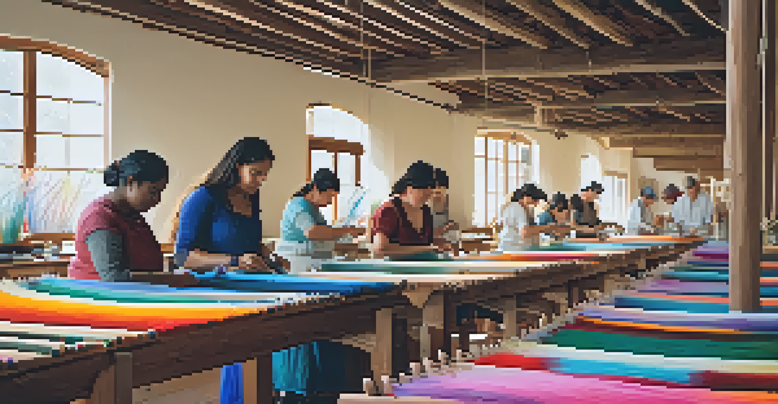 Artisans in a textile workshop learning weaving techniques, surrounded by colorful threads and looms, with natural light creating a warm atmosphere.
