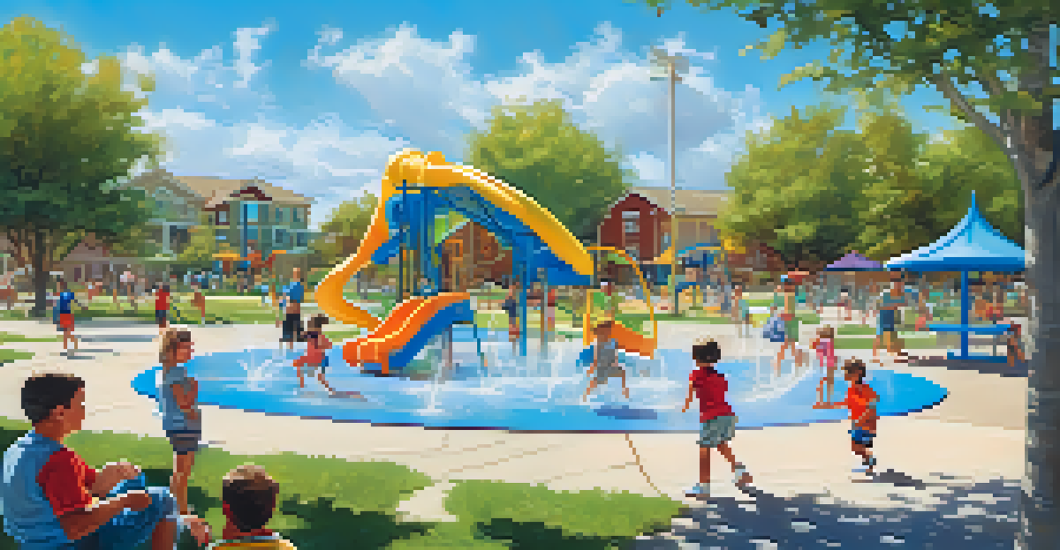 Children playing on a splash pad and a playground at Chaparral Park, with families enjoying outdoor activities in a sunny setting.