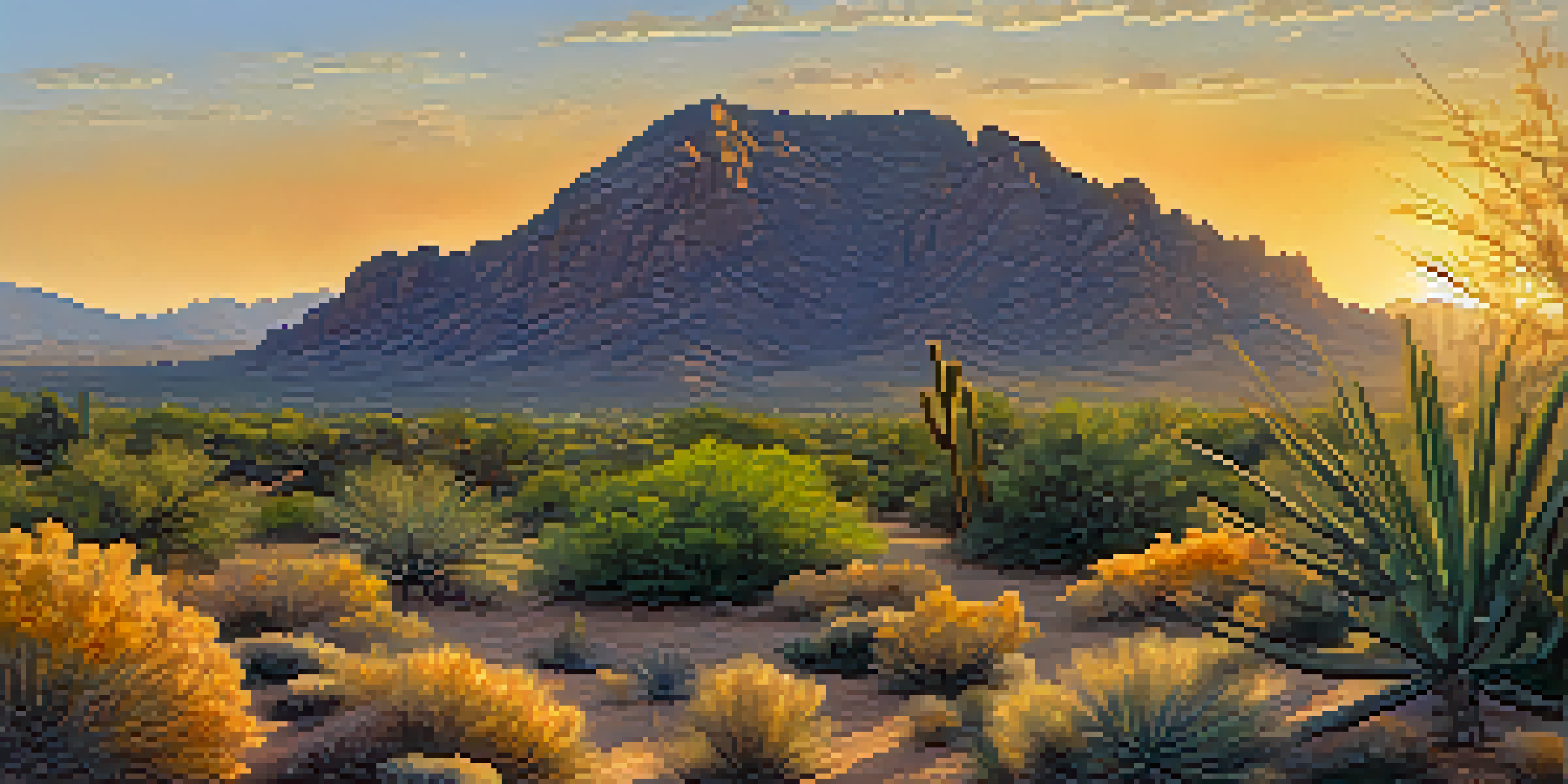 A beautiful sunrise over Camelback Mountain, showcasing the rugged landscape and desert plants in the foreground.